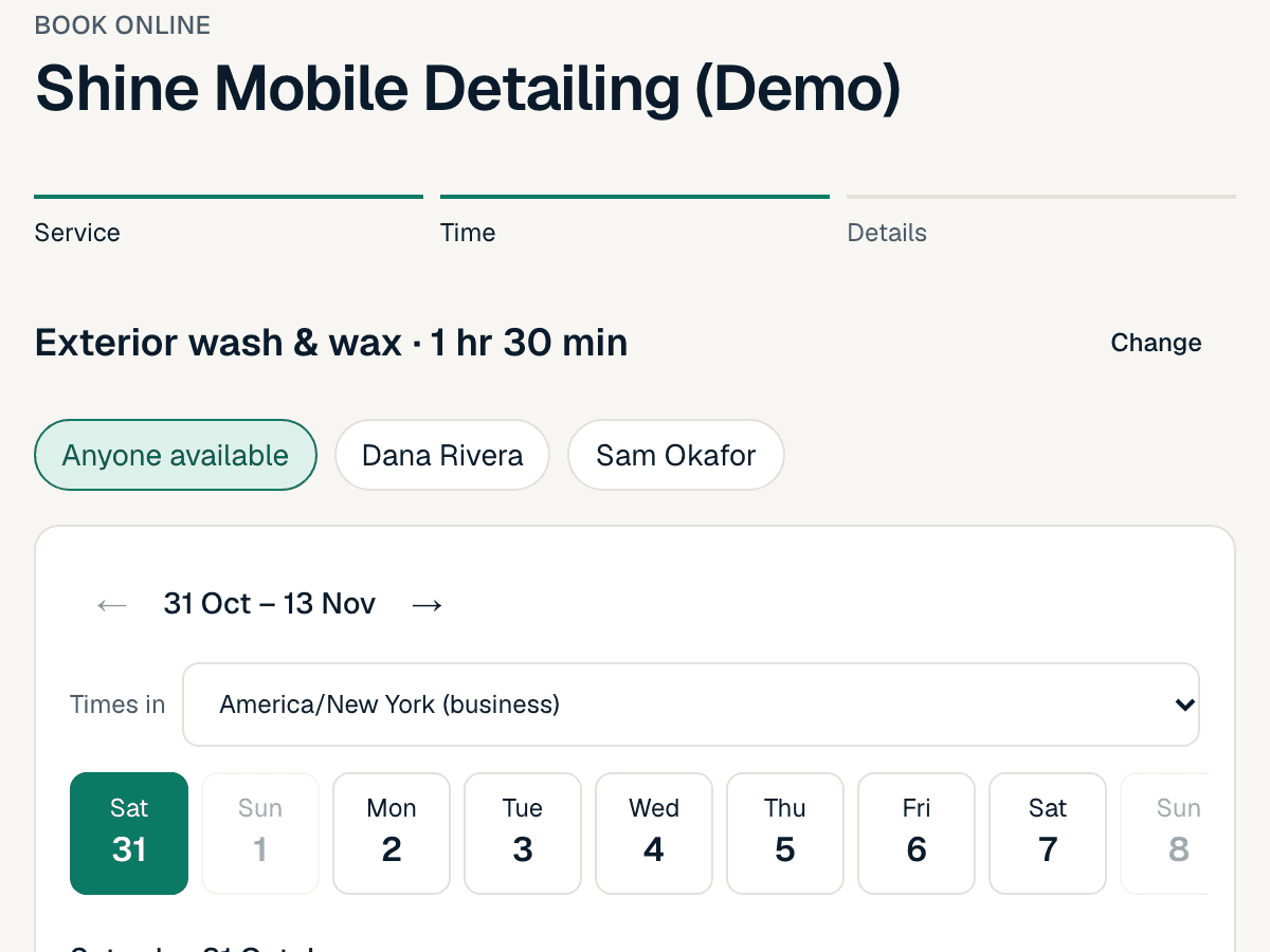 Okayset booking page showing services, a date picker and available times